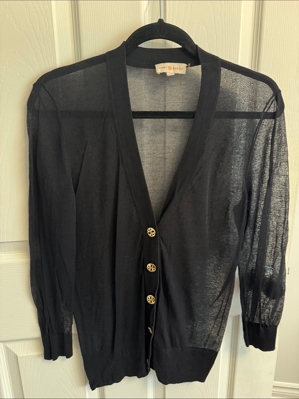 Tory Burch Black Sheer V-Neck Cardigan with Gold Logo Buttons